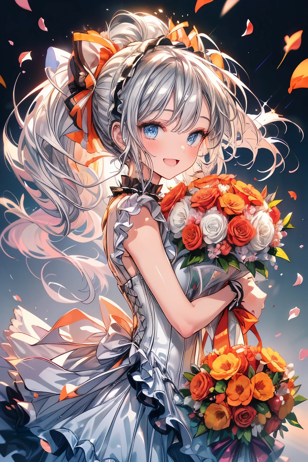 (Best quality,4K,8K,High resolution,Masterpiece:1.2),Super detailed,(Actual, Realistic),highly detailed, top quality, soft skin,Portrait,
break,
((clear blue eyes:1.2)),smiling eyes,beautiful eyelashes,beautiful lower eyelashes,
break,
((Beautiful and shiny silver hair:1.3)),A dazzling smile, a bursting smile, an open mouth laugh,,ponytail,medium chest,
break,
very happily,
break,
((orange lolita fashion:1.3)),
break,
((give a bouquet:1.3)),
break,
((A large amount of petals of various kinds are dancing:1.3)),((in the flower field:1.3)),
break,
((bust shot)),zoom in