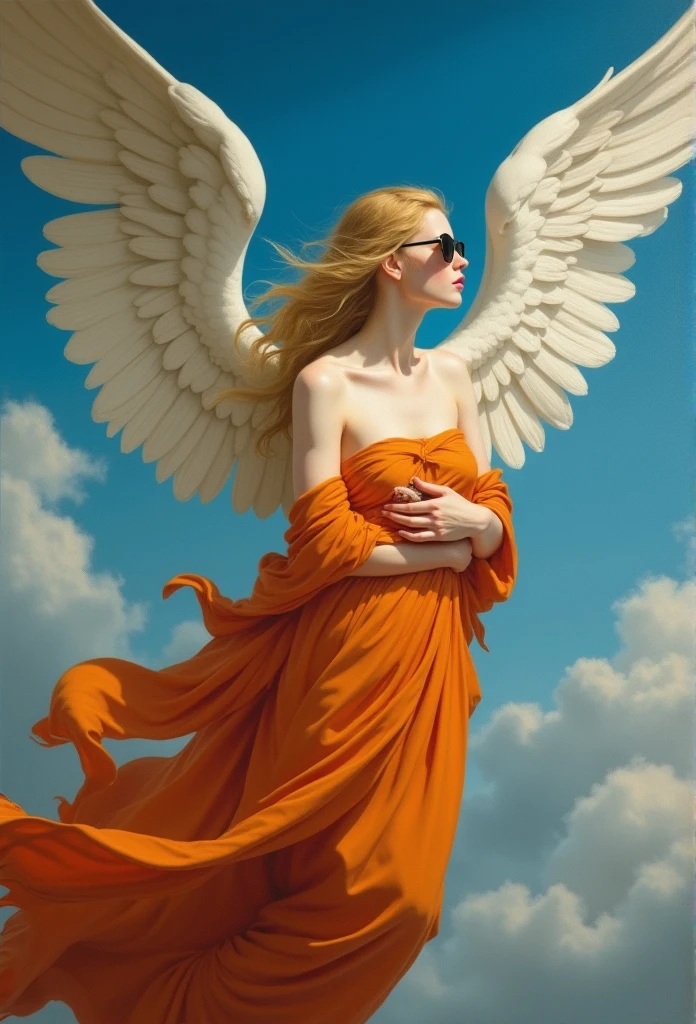 Ultra detailed professional oil painting of a Renaissance female angel with open wings floating in profile against a blue sky and white clouds, multiple colors, ultra realistic, with a beautiful angelic face, vibrant 256k colors, blessed winged angel, cosmic, queen, Full body image, with Nike sneakers, radiates light, with soft flashes of light on her half-naked body, covered with wavy silk of vibrant colors, medieval fashion, that falls and floats gently, magnificent, beautiful, heavenly face, Golden hair, White skin, stunning beauty, unmatched, Shocking, ultra medieval, warrior archangel, Classical Renaissance style by Caravaggio, rayban sunglasses, Princess, rock makeup, Large ultra detailed wings with white feathersA guardian angel with majestic wings, lovingly wrapping someone in his heavenly robe,