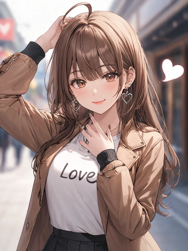 ((masterpiece, best quality)), ultra detailed, very aesthetic, absurdres, One girl, Ahoge, bangs, black skirt, black sweater, Blurred, Blurred background, chest, Brown eyes, Brown Hair, brown Jacket, Mouth closed, Day, Depth of written boundary, Earrings, eyelash, Raise your hand, Tilt your head, Jacket, jewelry, Long Hair, Long sleeve, View Viewer, medium chest, Manicure, Open clothes, open Jacket, Outdoor, Pursed lips, Tucked in shirt, Side Lock, skirt, Sleeves are longer than the wrist, alone, sweater, Upper Body, smile, (text “･･････”, spoken heart), 