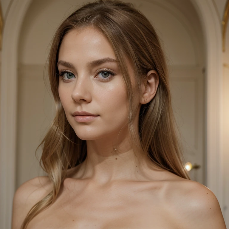 Belle femme américaine, cheveux blonds ondulés, yeux verts clairs, cils longs, peau claire et lisse, lèvres délicates, expression élégante, vue de face, ultra-réaliste, haute résolution, détails précis de la peau, des yeux et des cheveux, prise avec une caméra haute définition, objectif de 85mm pour un effet de portrait.
