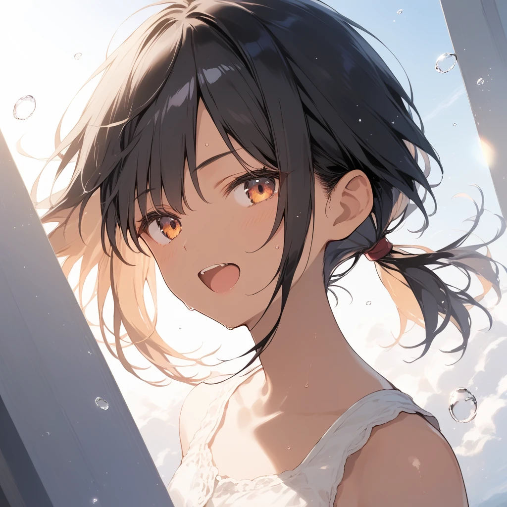 score_9, score_8_up, score_7_up, source_anime, best quality, masterpiece, official art, absurdres, highres, ultra-detailed,waifu2x,Collection: Slice of Life,break,1girl, tomboy, dark-skinned female, short hair, low ponytail, flat chest, beautiful detailed eyes, shorts, sweat, open mouth, (yawn:0.3), sleepily, outdoors, wind, (Detailed Lighting), (Detailed background),break,(clear line illustration:1.2), super detailed skin,very high resolution, very aesthetic, Best sexual lighting powered by famous artist, 8k, 16k, cute picture,beauty illustration,photoshop_(medium),,(Detailed Lighting),best anime 8k konachan wallpaper, pixiv contest winner,