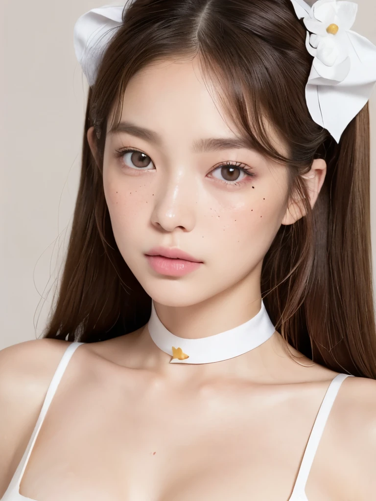 Kim Jennie with white brown hair, with curlers at the ends, with two bows on each side of the hair, all her white hair brown, with a star clip in her white brown hair, light colored eyes, beautiful eyes, crying eyes, beautiful, splash your nose, watery nose, beautifuls labios, pink lips, heart and cupid shaped lip, beautiful skin, pale, White skin, with moles and freckles all over his face, soft pink blush on cheeks, natural pink blush, soft pink makeup, Jennie, Nice neck, marked collar, frown, tender look, while having a bare abdomen, showing her navel and her slender waist, Delgado, marked and beautiful, (big breasts, soft breasts, beautifuls pechos), sentada, con ropa interior de corazónes, con con un top marrón de tirantes, sentada mostrando su abdomen, looking to the camera