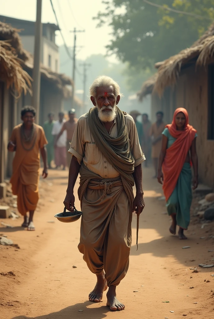 1. **Image of the Old Beggar in the Village**: A scene depicting an old beggar in a traditional Indian village setting. He is wearing tattered clothes and carrying a small bowl, walking slowly along a dusty road. The background shows typical village houses with thatched roofs and people going about their daily activities