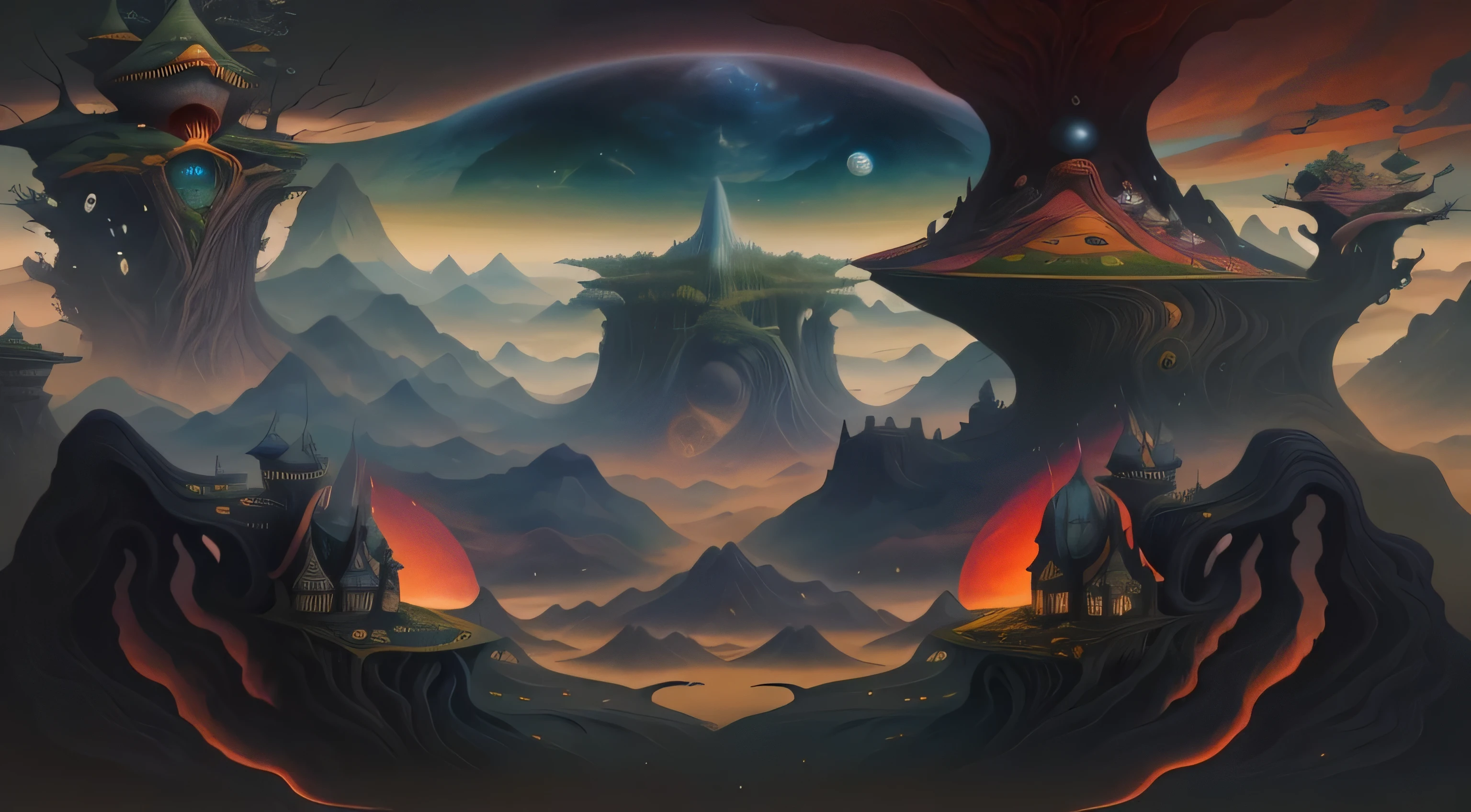 there is a painting there，Depicting a fantasy world full of buildings。, Magical surrealism, Jacek Jelka and Vladimir Kush, Inspired by Jacek Yerka, Style of Hieronymus Bosch, hyper-realistic illustration, Ivan Genelich (Ivan Generalic) of inspiration, surreal alien kingdom, Alien Landscape, Fantasy painting, Giger and Jacek Jelka