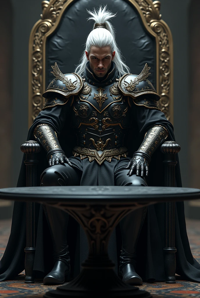 Create a handsome and intimidating prince of hell , that is with black armor, golden and with a layer, He has long white hair tied in a high ponytail with a few loose strands and is sitting in a majestic chair with a circular black table in front of him. 