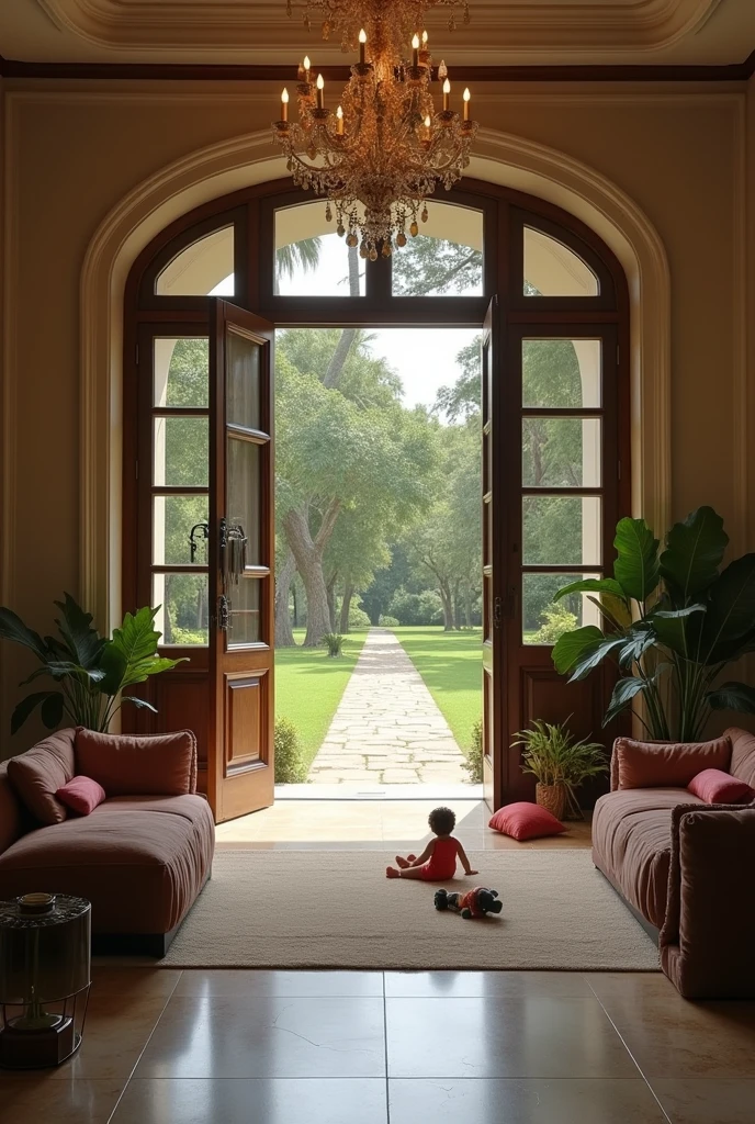 (photorealism:1.2), Generate the interior of a luxurious estate in the department of Valle del Cauca Colombia, It has to look like it was taken by a cell phone, make it more realistic but look like it was taken from an iPhone and you can see it out but I want it to look flat, and a stone path, something that looks like real life not made by AI, but change the interior a little and instead of bushes, there is grass and children's toys scattered on the floor