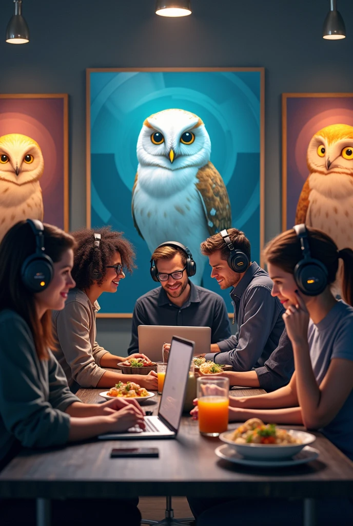 many people wearing headsets are standing at a table with a laptop. In front of them is a table with food and drinks. There are paintings of owls hanging in the background.