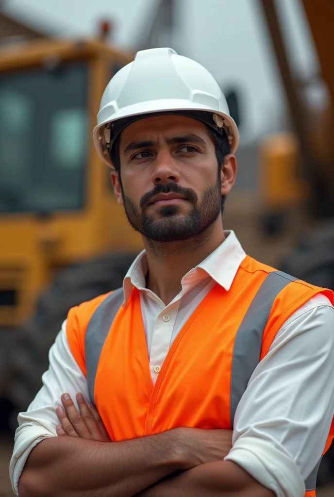 Engineer with Peruvian features wearing a white helmet with an orange safety vest and a white shirt, Thinking