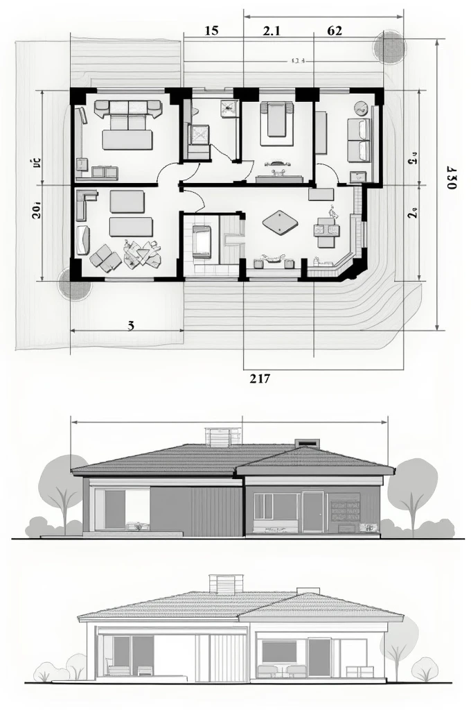 Create a plan, elevation, and section based on the provided site plan. Ensure a setback of 3 meters from the front, 1 meter from the sides, and 1.5 meters from the rear. The design should include 4 bedrooms, an open kitchen, a living area, a dining space, and attached bathrooms for all bedrooms.