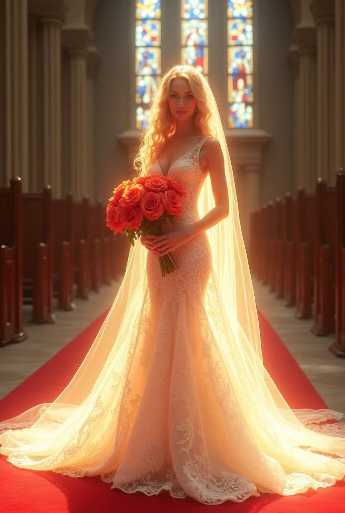 (translucent luminous body_Wearing a white lace wedding dress), (woman made of light: 1.2, glowing hair_Long curly blonde hair),, (Upper body frontal close-up angle: 1.3), 8k, high dynamic range(( masterpiece. real photos. Super high quality))AMY put on her most beautiful.The most gorgeous.The most noble wedding dress.Standing on the red carpet in a church with stained glass.She has a happy smile on her face.She held a large bouquet of bright roses in her hands.And AMY is more beautiful than flowers.symmetrical face, Symmetrical eyes, Ultra 8K detailed photos, 8K resolution concept