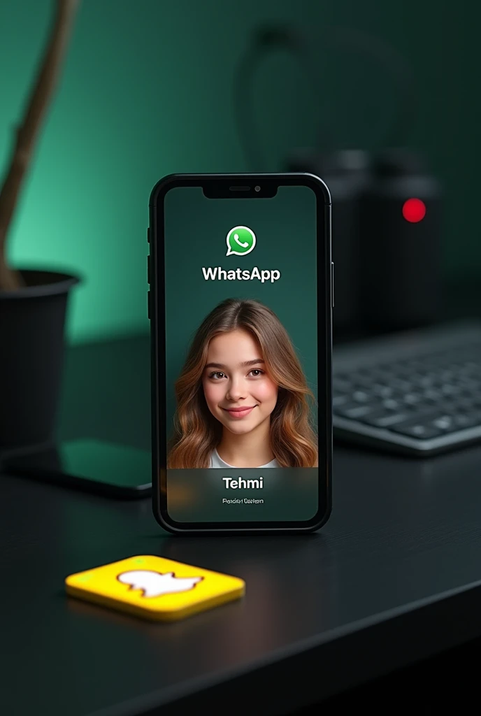 create a whatsapp profile on glass id card on a black desk displaying whatsapp logo and realistic profile photo of a teenage GIRL in circle and "TEHMI" is written in bold fonts under the profile photo, the snapchat card is glowing in yellow color on the edge. INFO