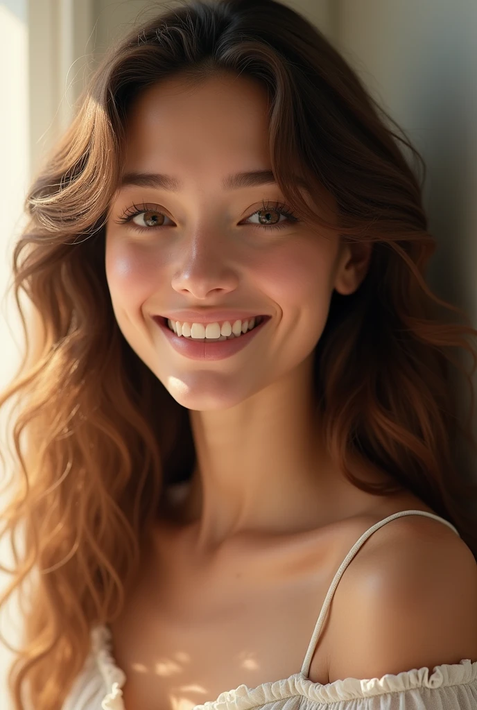 Create a beautiful girl with wide eyes, chiseled dimples, a luscious tan and curly hair.