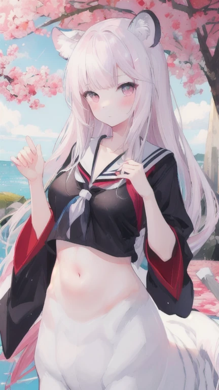 (best quality, masterpiece), 1 girl, centaur, I beg, White skin, Japanese schoolgirl,daughter,black pink, exposing the abdomen, belly button t-shirt , beautiful girl perfect, White tiger photo, Perfect swimsuit pictures