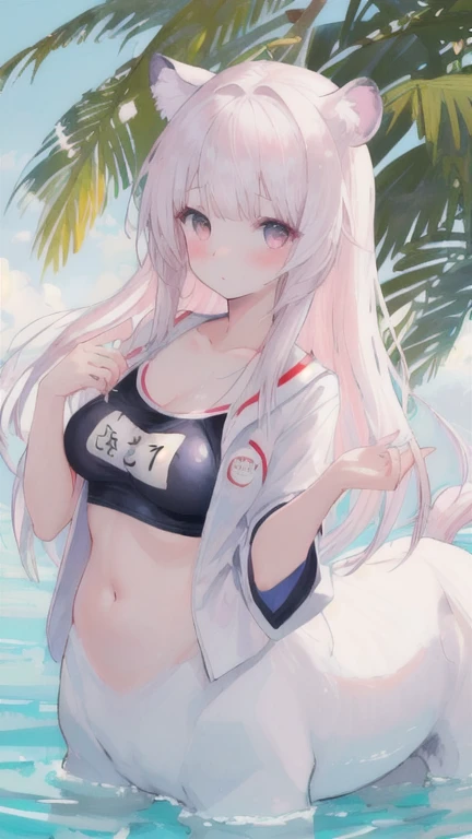 (best quality, masterpiece), 1 girl, centaur, I beg, White skin, Japanese schoolgirl,daughter,black pink, exposing the abdomen, belly button t-shirt , beautiful girl perfect, White tiger photo, Perfect swimsuit pictures