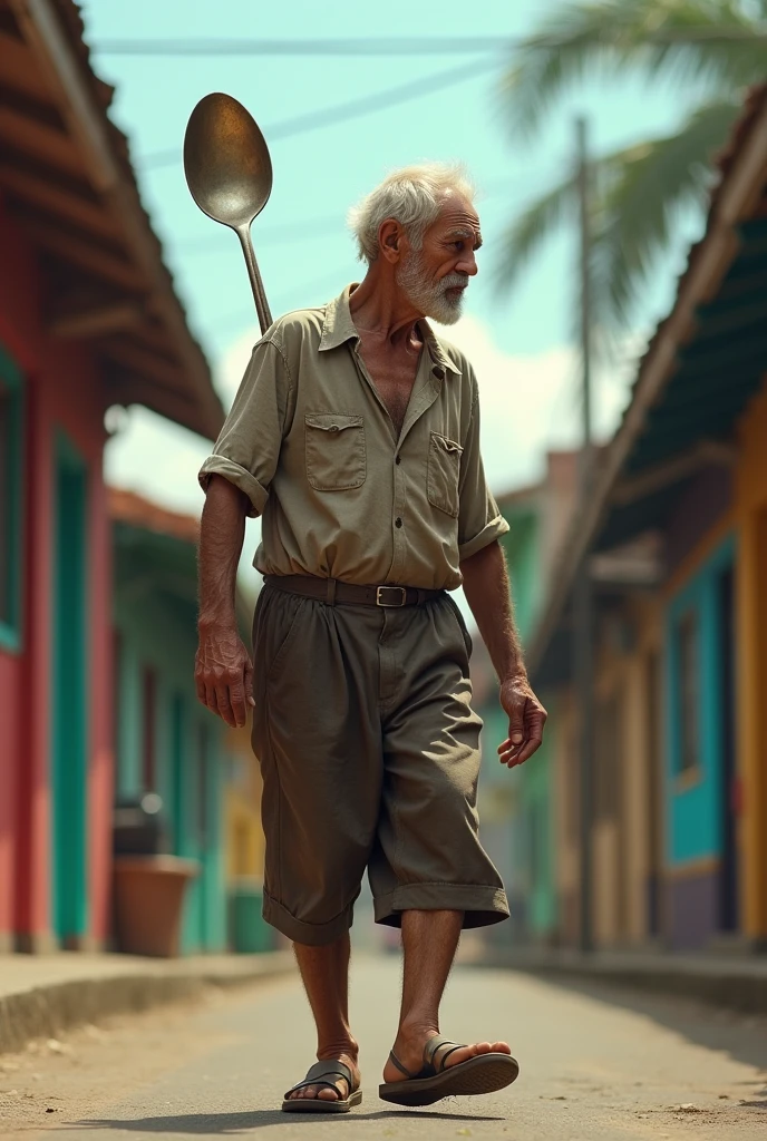 elderly Brazilian man walking backwards with a spoon in his spine