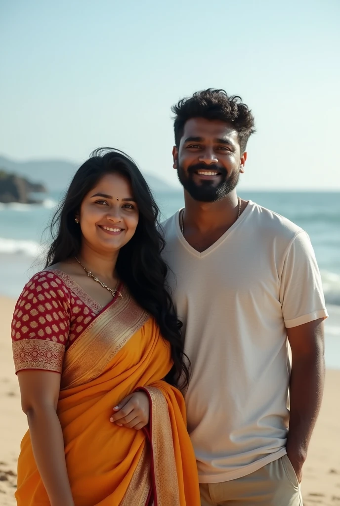 Kerala straight couple in calicut beach.Realistic photo.showing face. No ornaments.Female is white skin tone chubby curvy with black hairs Looks like actress nithya menon. Wearing salwar. Male is black skin tone with beard. Wearing tshirt and shorts. Front view.
