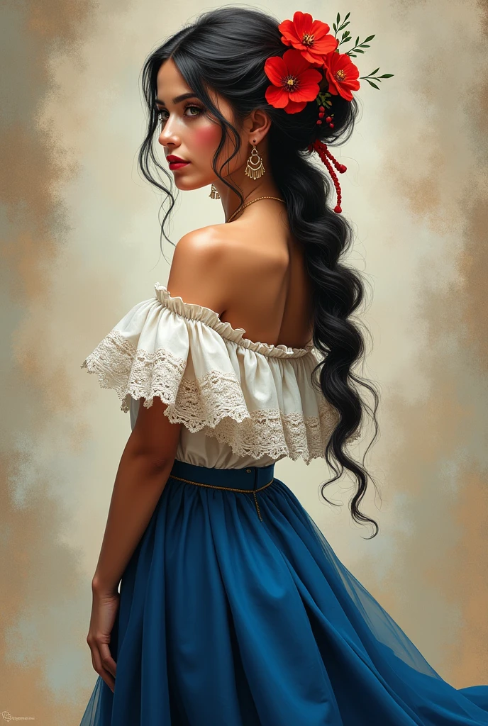  Mexican girl, with a long blue skirt and a white off-the-shoulder blouse with frills, with a bun and red flowers on her head
