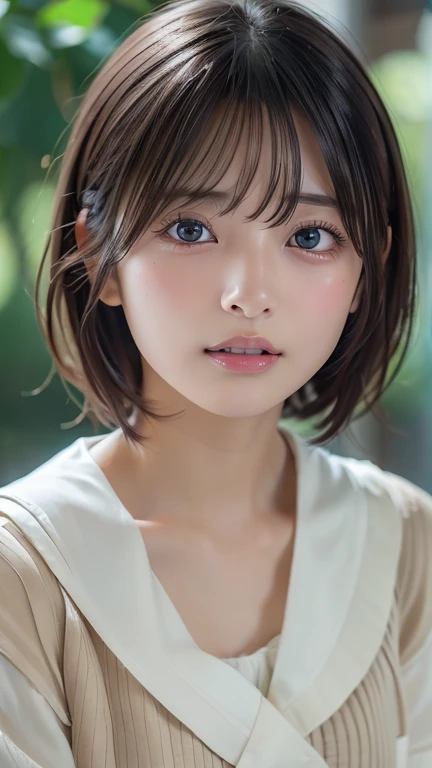 (8k, Photorealistic, RAW Photos, Best image quality: 1.4), Japanese girl、Short Bob、Super detailed face、Eye on the details、double eyelid、Sharp focus:1.2、Beautiful woman:1.4、Light brown hair、Highest quality、masterpiece、Ultra-high resolution、(Photorealistic:1.4)、Highly detailed and professionally lit smiles、(topless)、blush、Open your mouth a little、Watery eye、amount