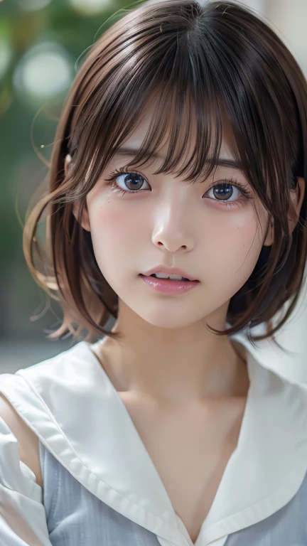 (8k, Photorealistic, RAW Photos, Best image quality: 1.4), Japanese schoolgirl、Short Bob、Super detailed face、Eye on the details、double eyelid、Sharp focus:1.2、Beautiful woman:1.4、Light brown hair、Highest quality、masterpiece、Ultra-high resolution、(Photorealistic:1.4)、Highly detailed and professionally lit smiles、(topless)、blush、Open your mouth a little、Watery eye、amount