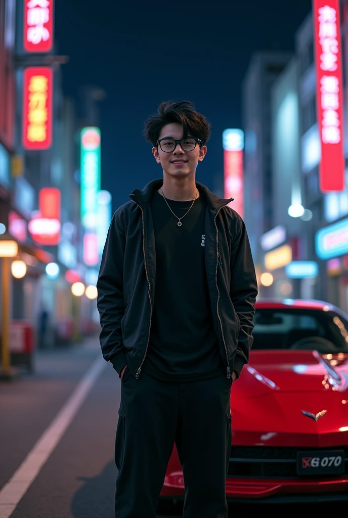A young man shorty black messy haircut, glasses, wear black t-shirt jacket rock'n roll clothes, long pant clothes, wear black shoes, standing, fashion, natural, sweetly smile, at night, smoke, darkness, silent road, corvette carsport side him, colorful neon lights lamps, real hyper realistic, real human japanese, UHD 8k, detailed photo, perfect face, detailed places, landscape, full body, photo was taken from a facial forward in the giant road of the city