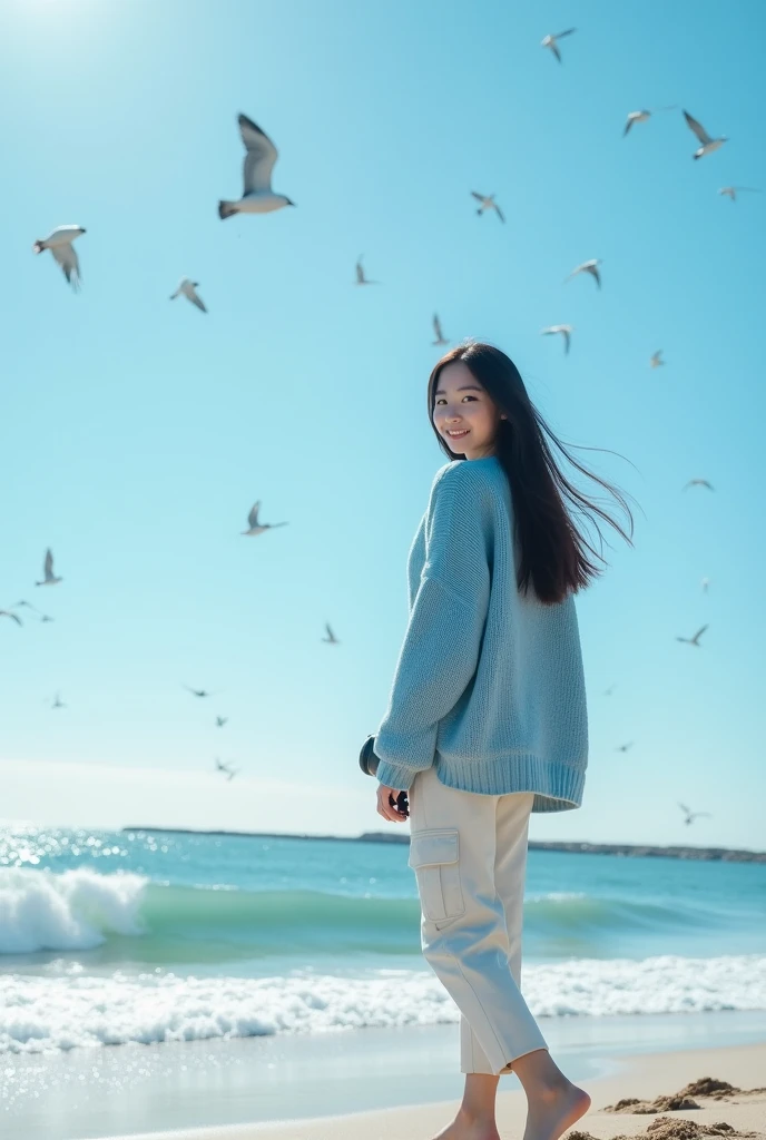 cinematic views of a stunning beach set in an enigmatic countryside. Beautiful Korean Girl, white skin well cared for face, a little fat,standing posing looking at the camera, smile,walk gracefully ,on the beach ,wearing a light blue knitted huddle,  ,white cargo pants. Bring a camera, under the bright blue sky long straight hair, swinging gently blown by the strong coastal breeze,omak breaks the beach,  The crashing waves look bright and sparkling in the sunlight, creating a stunning view. A flock of birds soaring high in the sky, add atmosphere. This image is characterized by volumetric lighting combined with a realistic photo blue color scheme. 