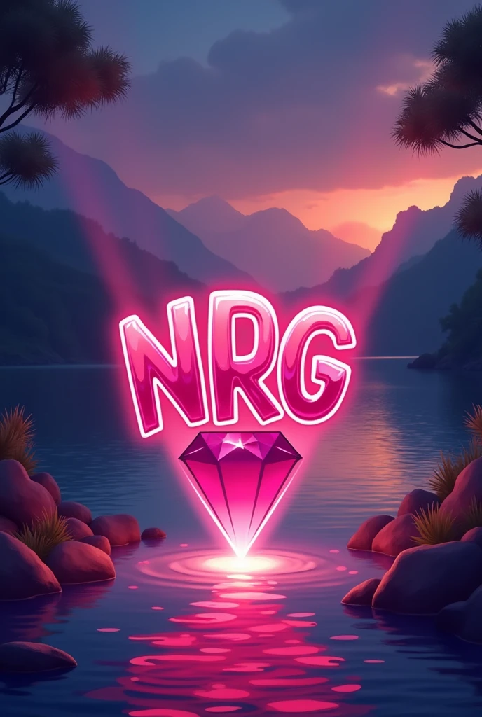Logo of a lit spotlight with the letters NRG inside the spotlight made of ruby over a river illuminated by twilight in a cartoon-like style