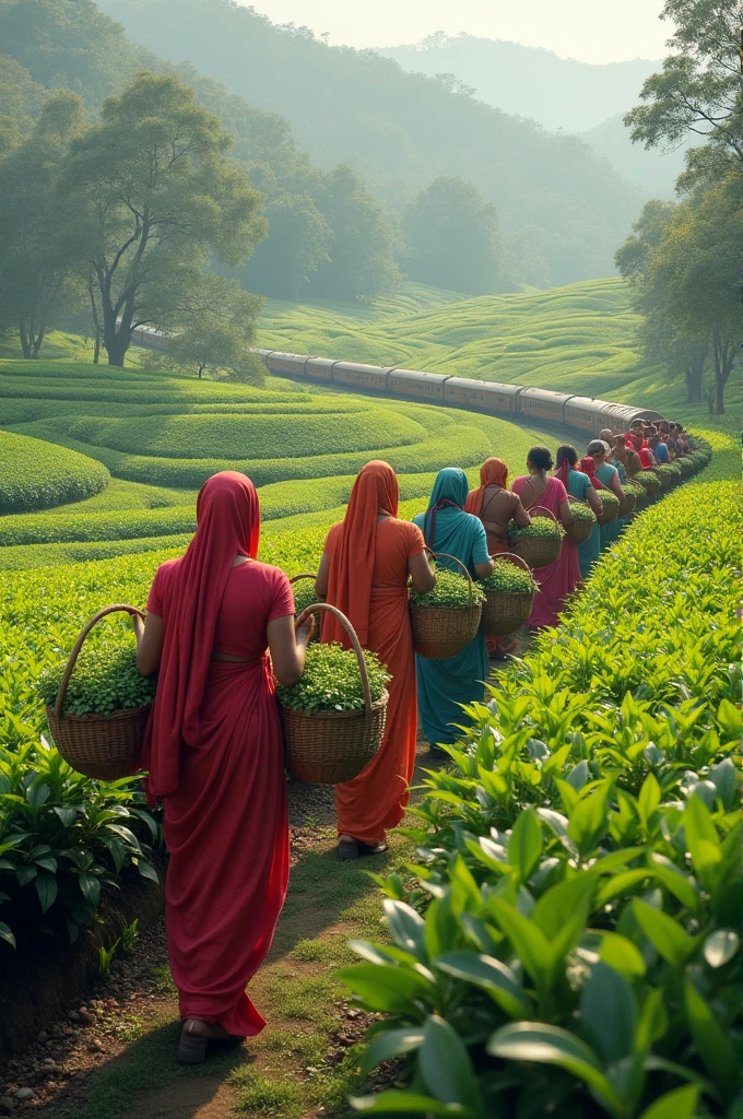 A tea garden indian womens group plucking tea leaves with bag and train in background
