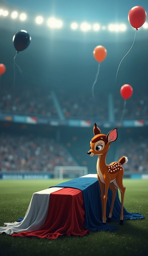 a bambi, inside a soccer stadium, sadly seeing a coffin with a flag over it highlighted in the colors blue, white, red, black balloons flying in the wind