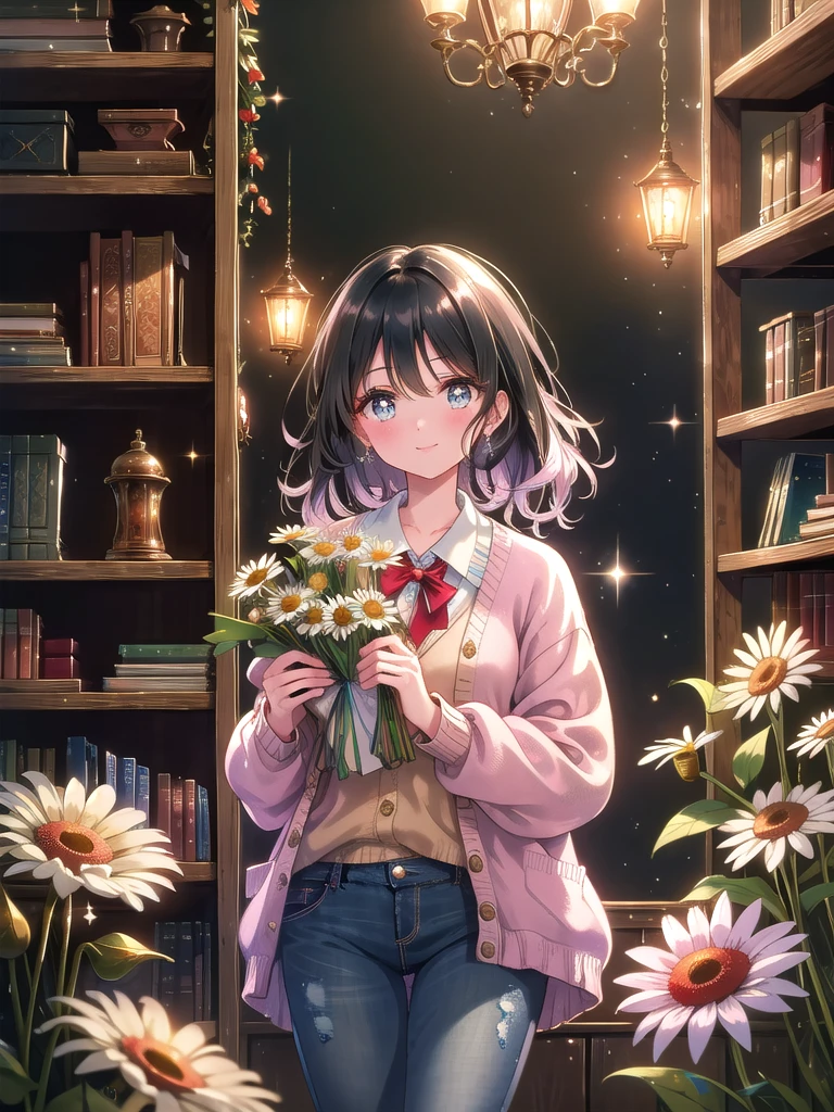 ((8k, Highest quality, masterpiece: 1.3)),Ultra-high resolution,(1 girl, alone), (Color changing eyes, Ultra-detailed, Expressive brilliance, Glitter, Glowing Eyes), Highly detailed eyes, Highly detailed face, Random Hair, ((pastel colour))Depict a woman inside a cozy, rustic bookstore filled with shelves of old, leather-bound books. She is holding a charming bouquet of wildflowers including daisies, poppies, and forget-me-nots, wrapped in simple twine. Her shoulder-length black hair is styled in soft waves, and she’s dressed in a vintage-inspired outfit: a floral print blouse paired with high-waisted jeans and a light cardigan. She’s leaning slightly against a bookshelf, looking at the camera with a gentle, nostalgic smile, as if recalling a cherished memory. The background is filled with the warm glow of vintage lamps, stacks of books, and a wooden ladder, with gentle dust particles illuminated by the light, creating an intimate, timeless atmosphere.