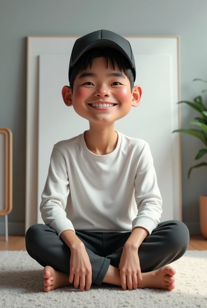 4d caricature,Indonesian man,30 years,neat straight hair,wearing a black cap,long sleeve white shirt,cloth pants,sitting on the carpet with legs crossed,smile,plain grey background with white board behind it hyper realistic,ultrahd,super image quality, 16k