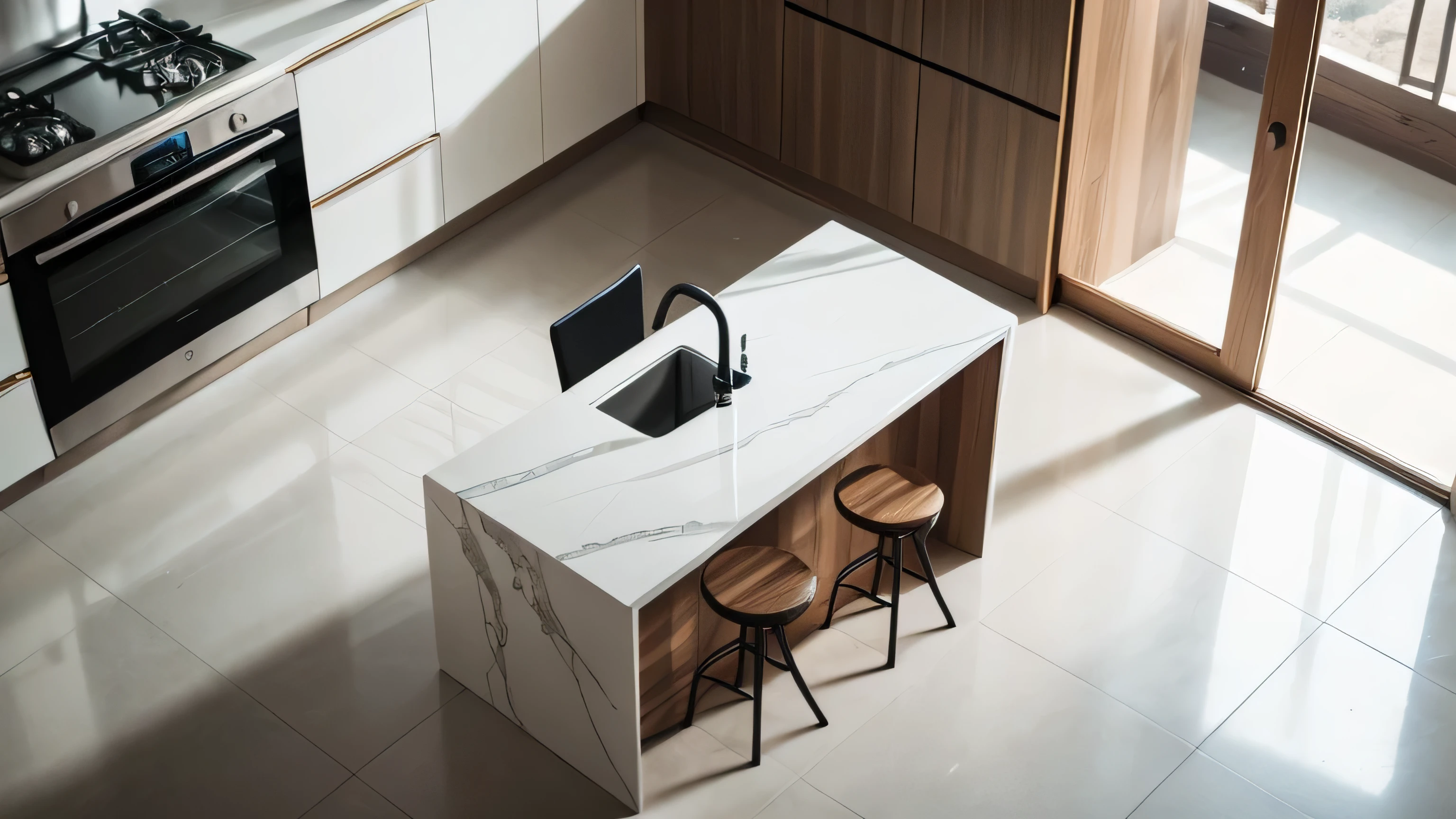 interior photography, 4k, view from above up close of a modern luxury kitchen, smooth white floor