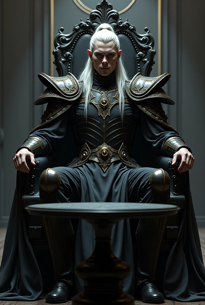 Create a handsome and intimidating prince of hell , that is with black armor, golden and with a layer, He has long white hair tied in a high ponytail with a few loose strands and is sitting in a majestic chair with a circular black table in front of him. 