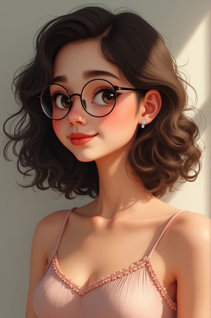 Round face, round wire frames, diamond earrings, small lips, small nose, shoulder lenth hair curly hair with volume who wears a casual dress, pinkish face colour