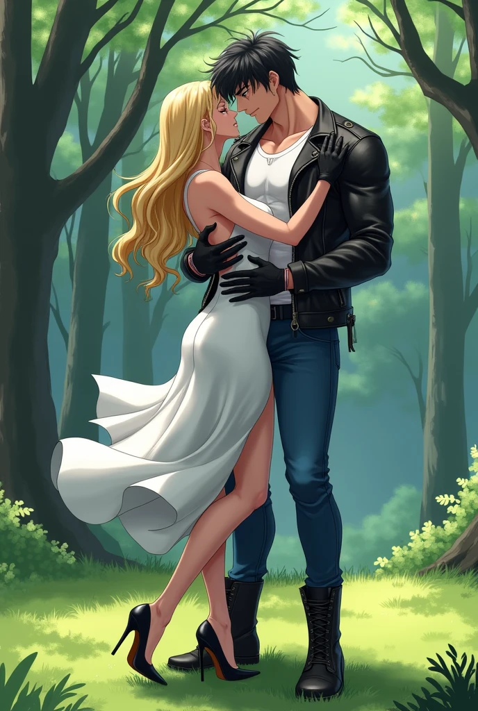 A muscular young man with black hair, wearing a white round-neck shirt and a black leather jacket over it, wearing blue jeans with a zipper down and an erect penis sticking out, black gloves, a black belt, and black combat boots, Having sex with a blonde woman wearing a white dress White dress and high heels In missionary position On the meadow in the forest, anime.