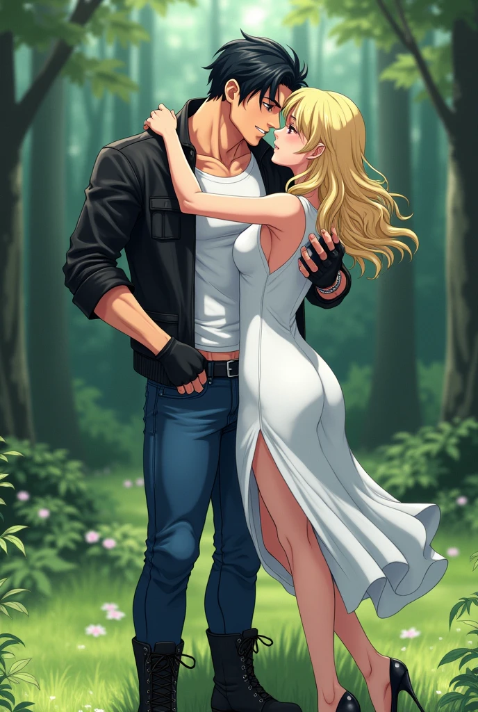 A muscular young man with black hair, wearing a white round-neck shirt and a black leather jacket over it, wearing blue jeans with a zipper down and an erect penis sticking out, black gloves, a black belt, and black combat boots, Having sex with a blonde woman wearing a white dress White dress and high heels In missionary position On the meadow in the forest, anime.