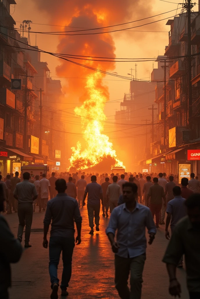 Chaos on a Hyderabad street with fire