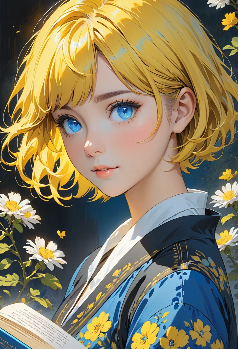 Picture of a girl with short yellow hair and blue eyes with a book