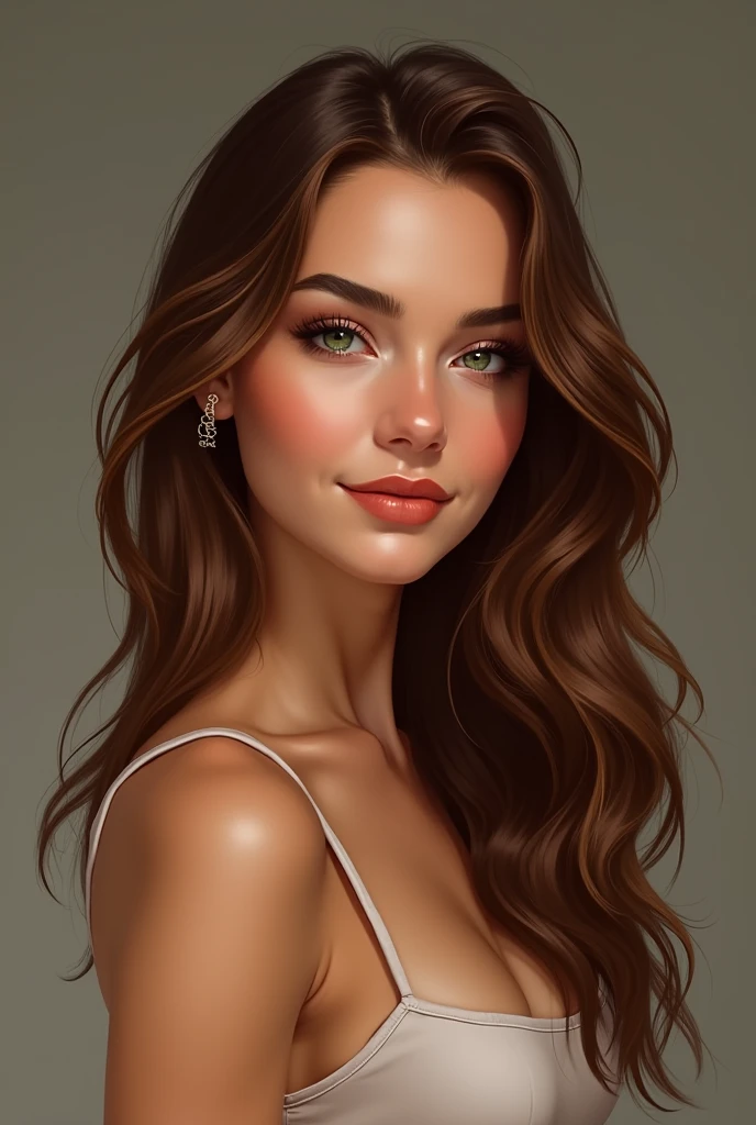 Create a portrait of a very beautiful European woman named Elodie Éclat. She has a captivating and elegant aura, with delicate and harmonious features. Her hair is long and wavy, a light chestnut color that catches the light. Her skin is radiant and luminous, with a slightly tanned complexion.

Elodie is about 5'9" tall, sporting a sexy, well-shaped silhouette with flattering curves that exude confidence and grace. Her style is both chic and modern, opting for an outfit that highlights her figure while remaining refined. She wears a fitted top and an elegant skirt that emphasizes her long legs.

Her gaze is sparkling, with green eyes that express liveliness and intelligence, enhanced by subtle makeup that accentuates her natural beauty. A warm and engaging smile completes her face, reflecting a certain and welcoming personality.