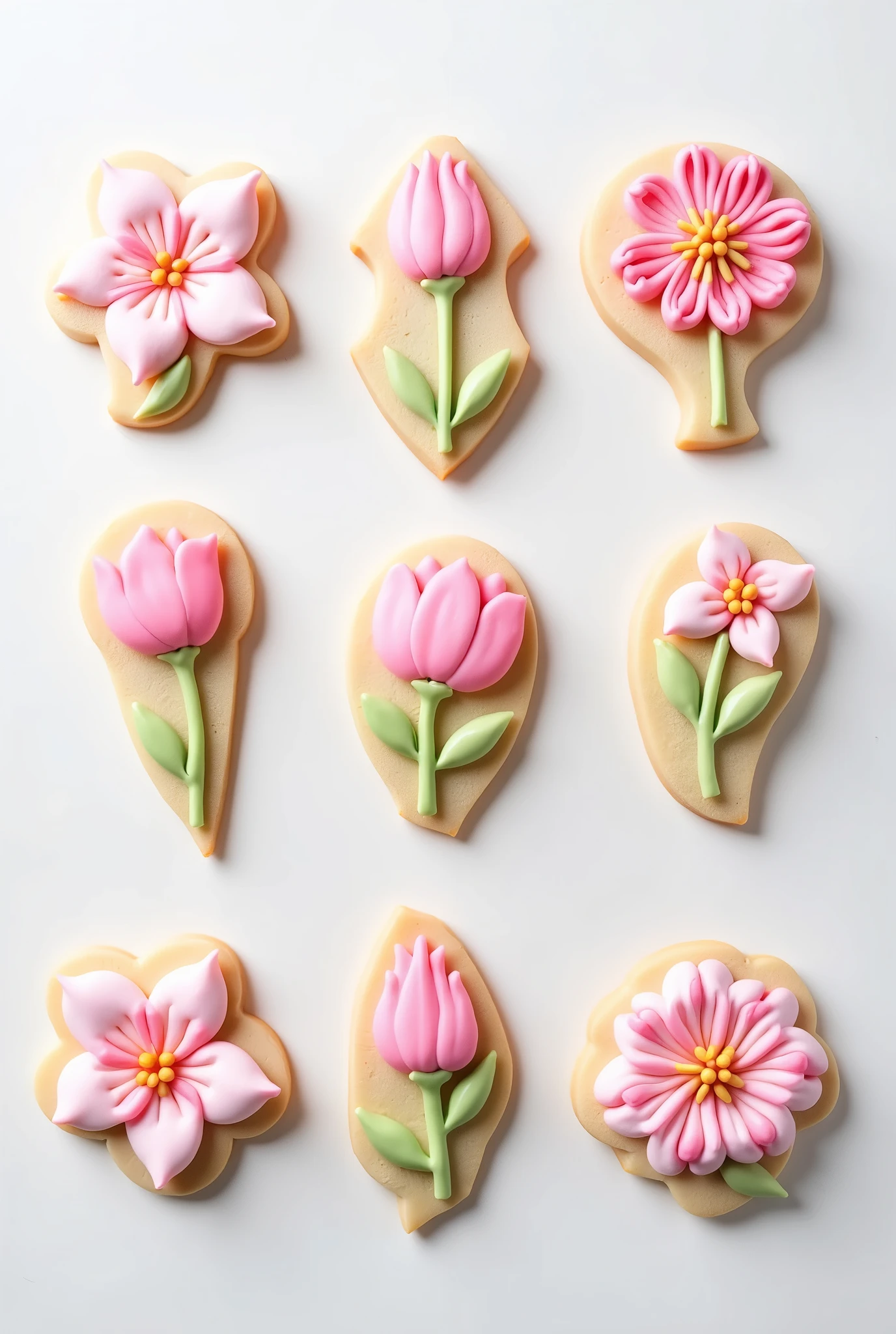 I want to make cute icing cookies.。Please design 8 pink floral designs.。