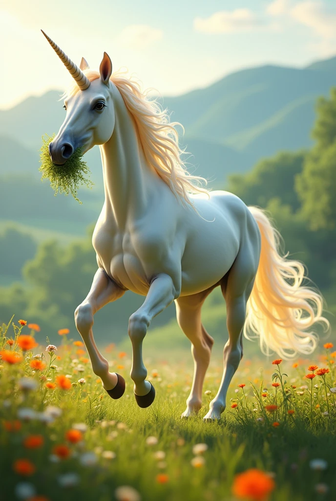 Unicorn galloping with grass in its mouth