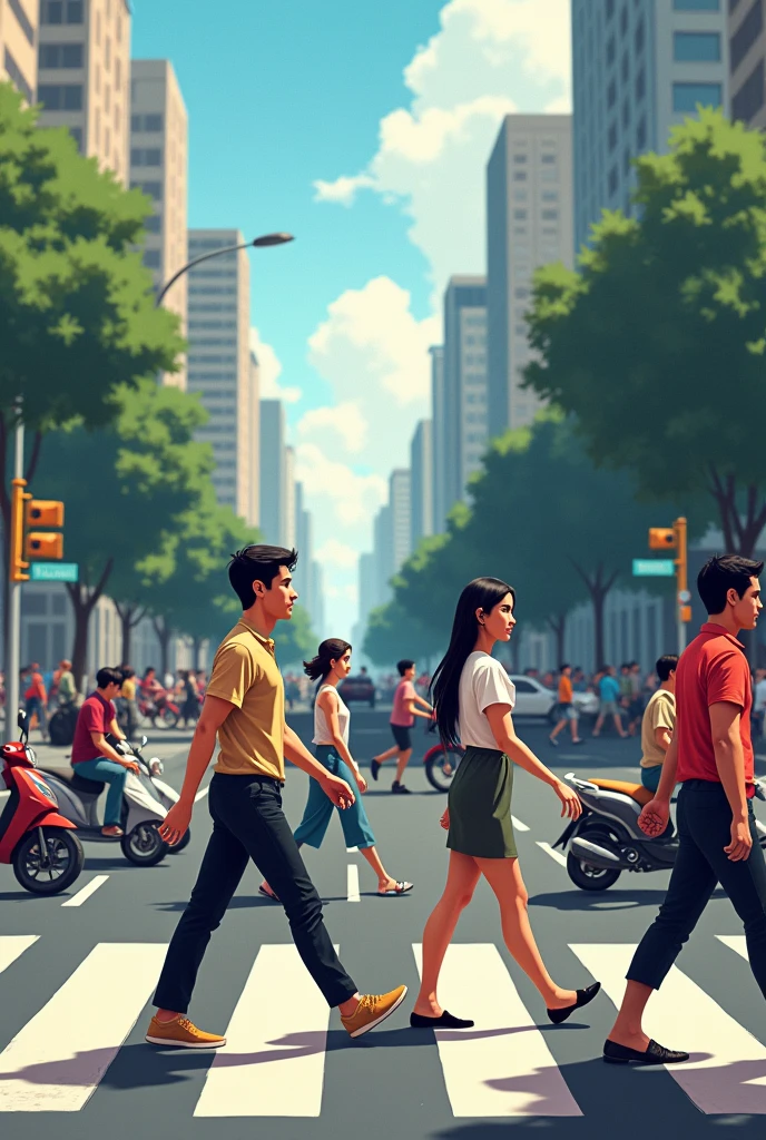 People crossing a pedestrian crossing while motorbikes and cars wait.