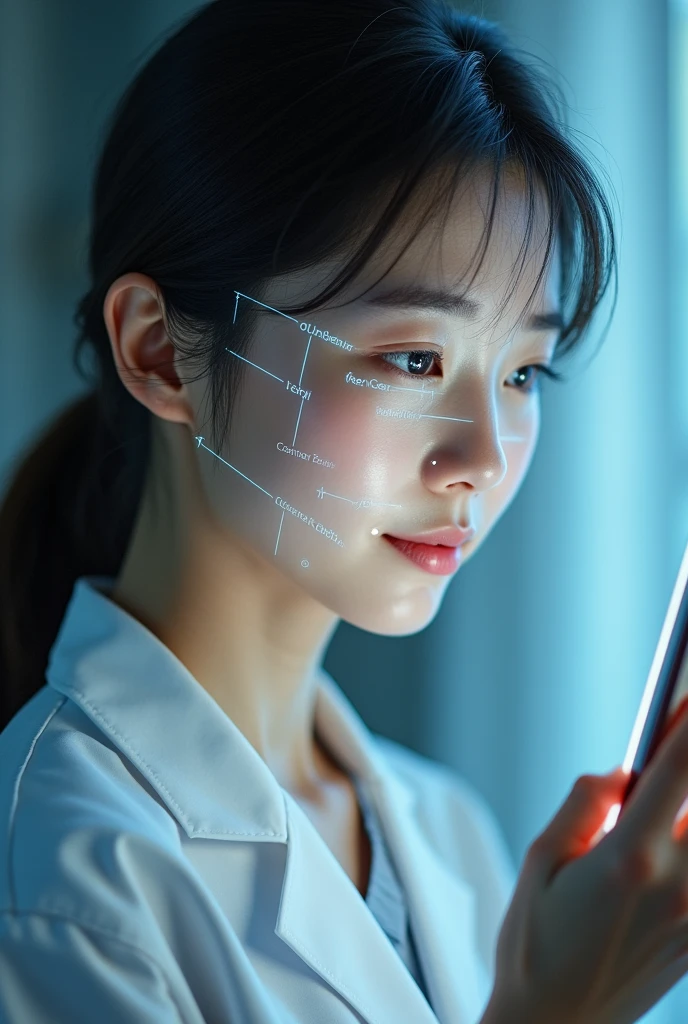 A young Japanese woman uses the online medical consultation system、Please draw a profile of you using face recognition on your smartphone.。This system is、If you take a picture of your face for about econds、It has the function to obtain vital data such as heart rate and blood oxygen saturation.。A grid of white polygons is displayed on the face to indicate the measurement points for facial recognition.、Use the light from your smartphone to illuminate your face。