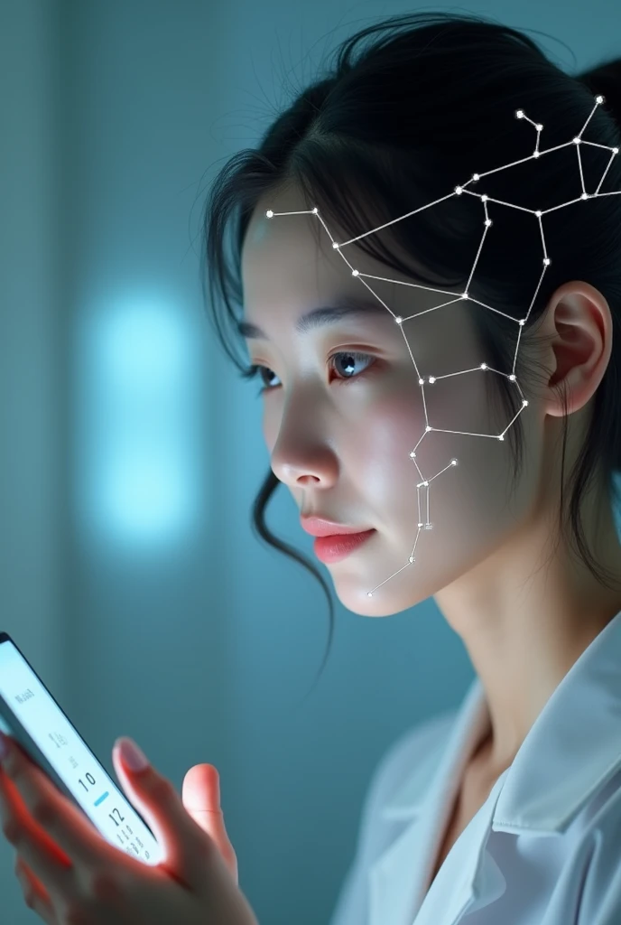 A young Japanese woman uses the online medical consultation system、Please draw a profile of you using face recognition on your smartphone.。This system is、If you take a picture of your face for about 10 seconds、It has the function to obtain vital data such as heart rate and blood oxygen saturation.。A grid of white polygons is displayed on the face to indicate the measurement points for facial recognition.、Use the light from your smartphone to illuminate your face。