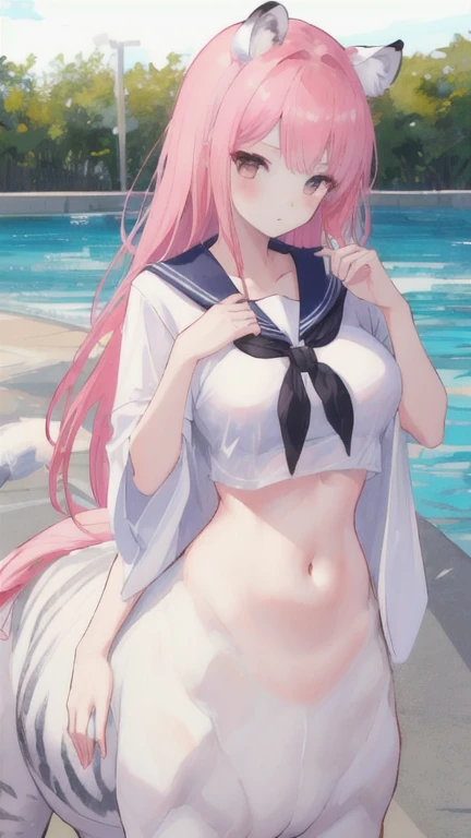 (best quality, masterpiece), 1 girl, centaur, I beg, White skin, Japanese schoolgirl,daughter,black pink, exposing the abdomen, belly button t-shirt , beautiful girl perfect, White tiger photo, Perfect swimsuit pictures