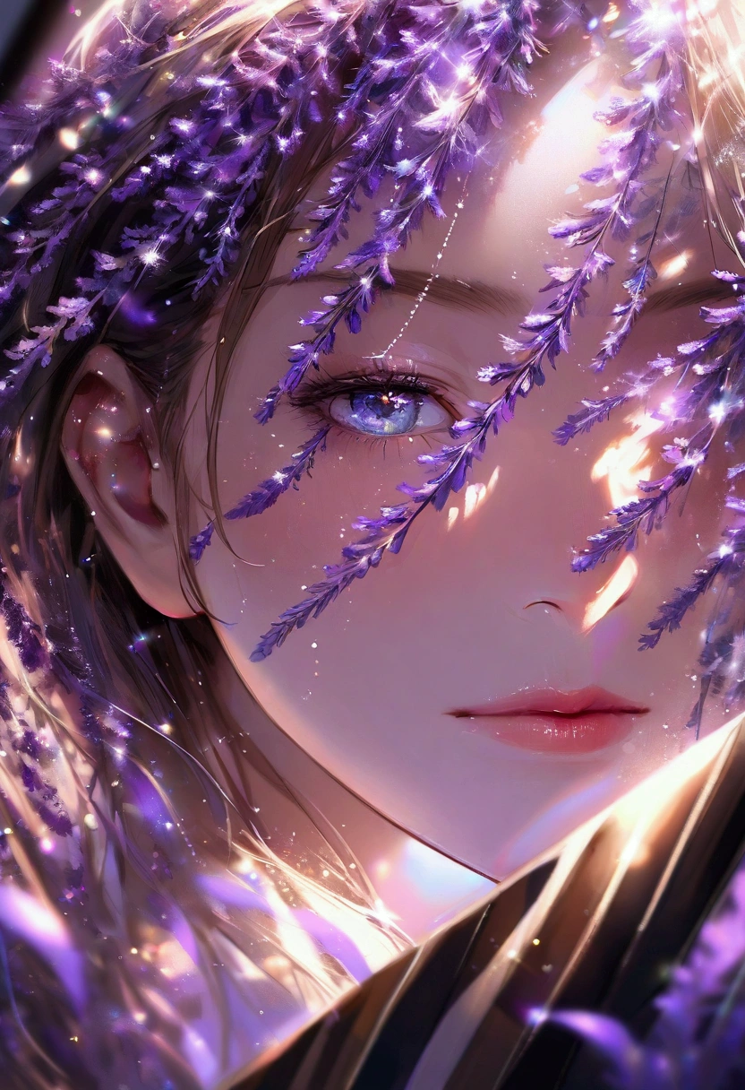 portrait of a woman, close-up, macro, depth of field, shutter speed, radiance, glitter, contrasting light, lavender flower, realism