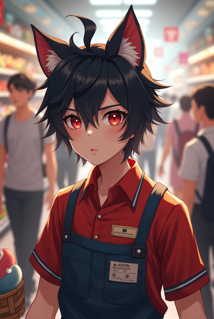 
he has black hair, has cat ears, red eyes, a round face, he wears a supermarket employee's shirt with a lot of customers