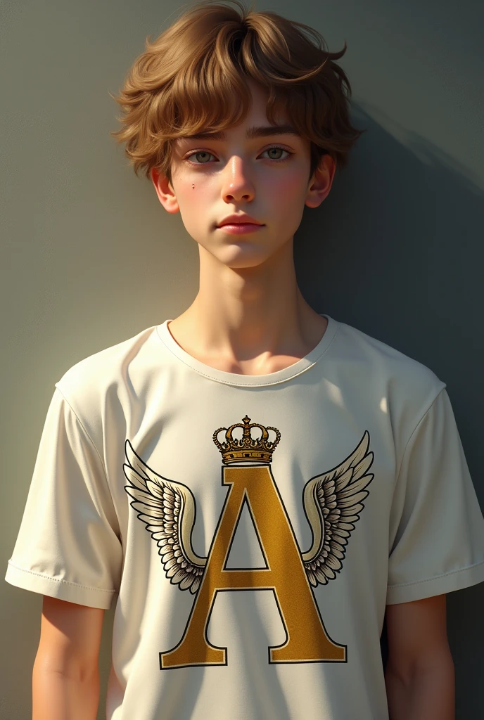 Make a male teenager with light brown hair, honey eyes, a mole on the left side of his nose, wearing a black shirt with the letter A printed in gold and a crown on top of the letter A and wings on the sides of the letter A. 