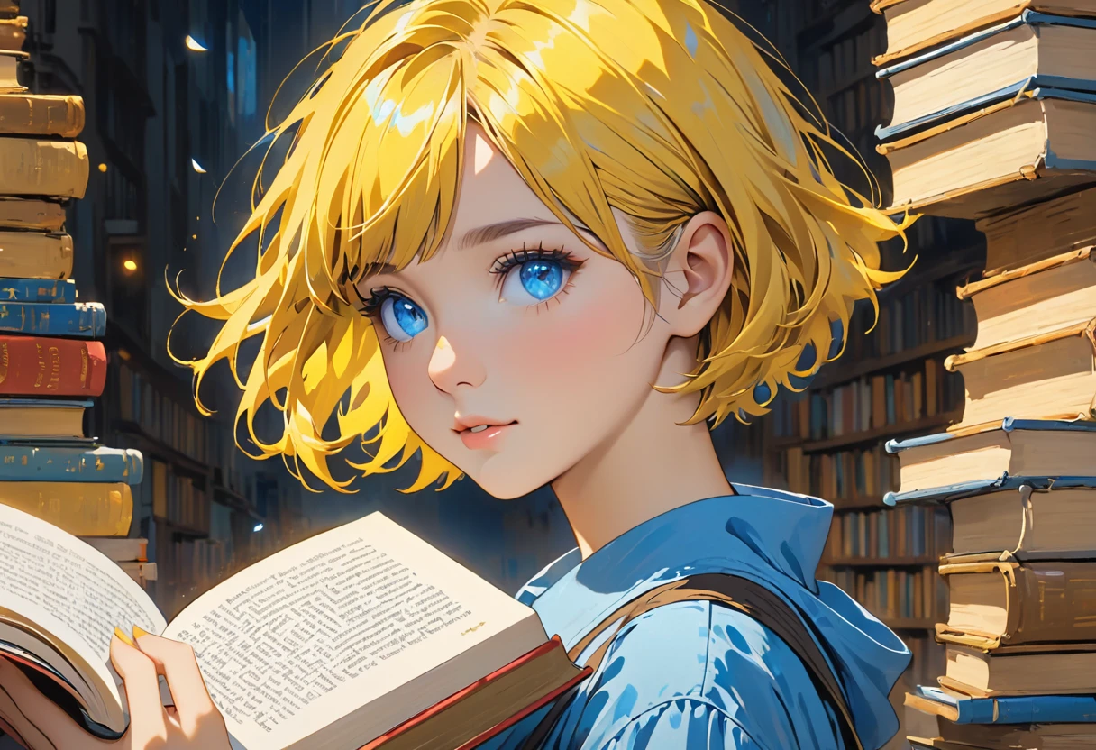 Picture of a girl with short yellow hair and blue eyes with a book