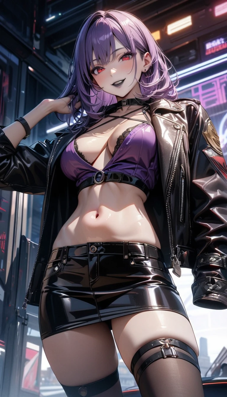 Adult woman, black skin, long purple hair, red eyes, purple top, leather jacket, leather skirt, smile, open belly, open breasts, black lipstick,, Masterpiece, best quality, Full HD, 8k, ultra details, great graphic
