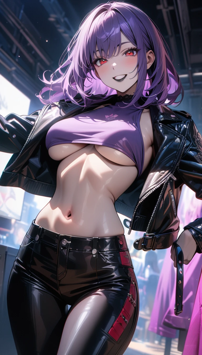 girl with、masterpiece of best quality、Ultra high resolution purple hair、a smile、Colossal tits、校服、blazers、Leather Jean、leather pant、blue eyess,Unity Post Process、fantastical light、Artistic background、evening glow、Soft atmosphere、Airy、dreamy、Sentimental、Rich in color、beautiful expression、A glamorous sight。